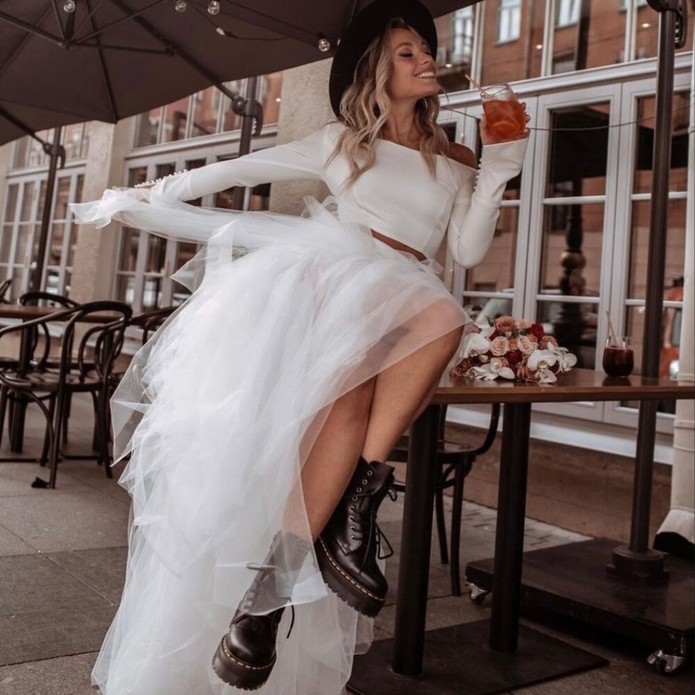 💋BOMBSHELL!💋 GRACIA WHITE HIGH-LOW LAYERED RUFFLED PLEATED TULLE & MESH SKIRT - Picture 2 of 16